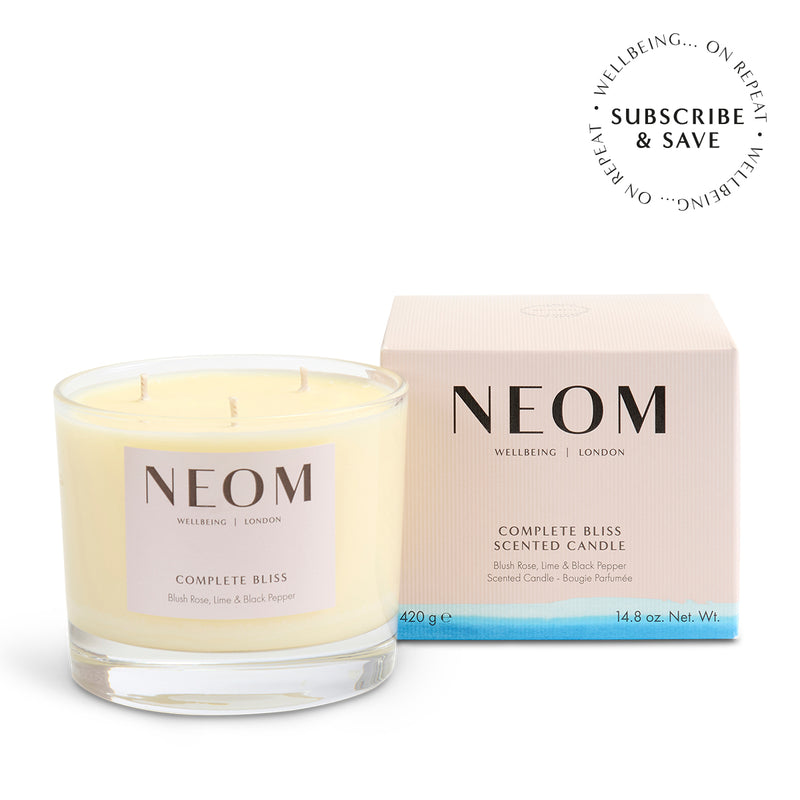 NEOM Complete Bliss 3 Wick Candler refill on a white background with subscription roundel