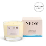 NEOM Complete Bliss 3 Wick Candler refill on a white background with subscription roundel