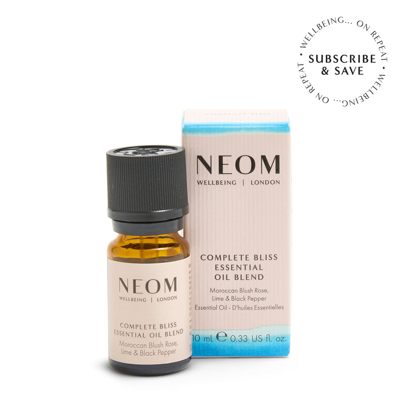 NEOM Complete Bliss essential oil blend on a white background with subscription roundel