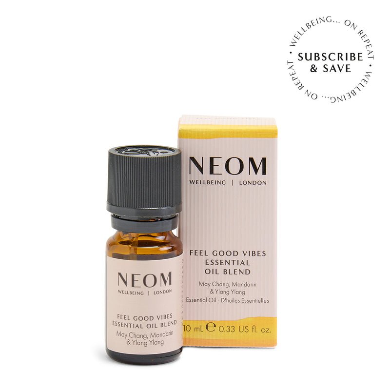 NEOM Feel Good Vibes essential oil blend on a white background with subscription roundel