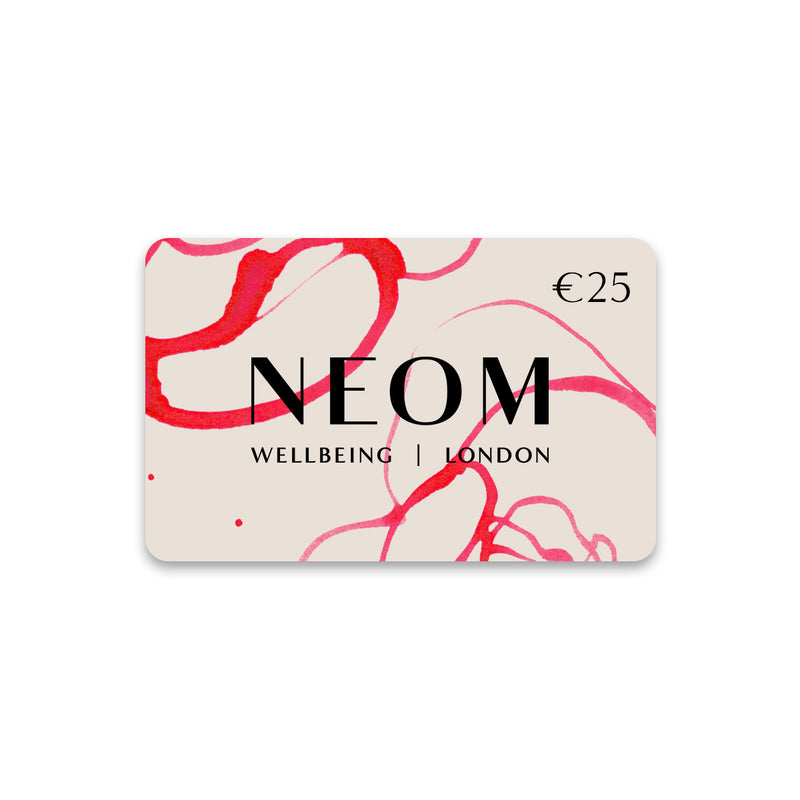 NEOM Wellbeing London Gift Card with red and pink patterns