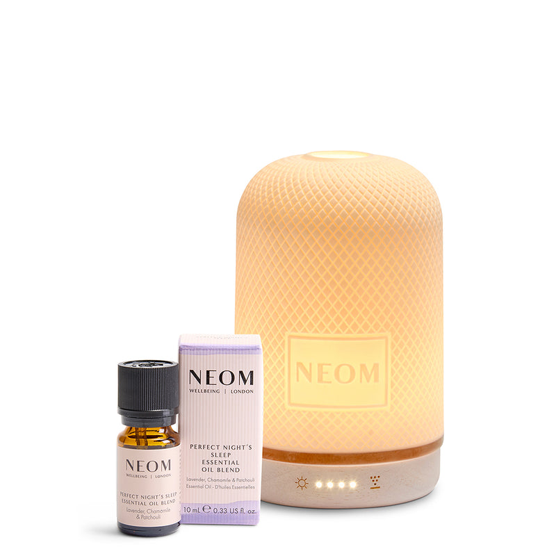 NEOM Wellbeing Perfect Night Sleep Essential Oil Blend 10ml with the electric Wellbeing Pod diffuser