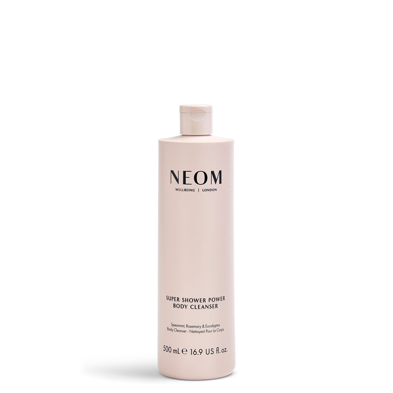 NEOM Super Shower Power body cleanser bottle on a white background