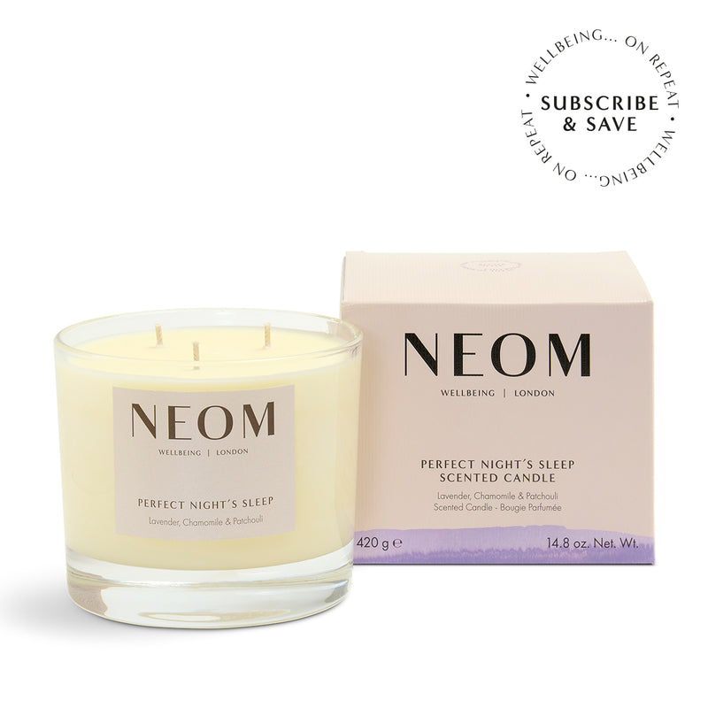 NEOM Perfect Night's Sleep 3 Wick Candle on a white background with subscription roundel