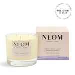 NEOM Perfect Night's Sleep 3 Wick Candle on a white background with subscription roundel