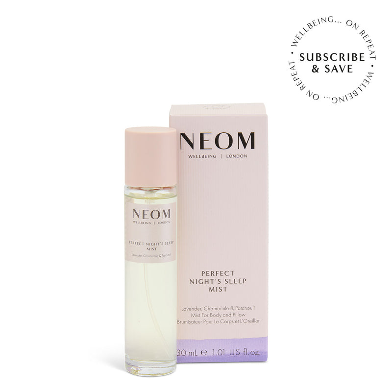 NEOM Perfect Night's Sleep Mist on a white background with subscription roundel