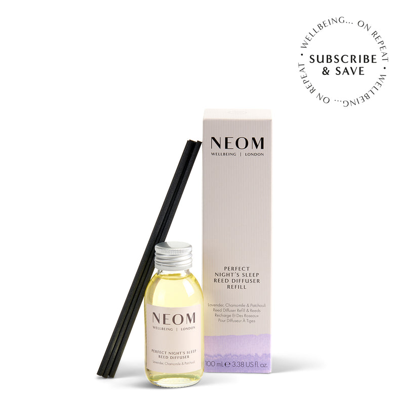 NEOM Perfect Night's Sleep Reed Diffuser on a white background with subscription roundel