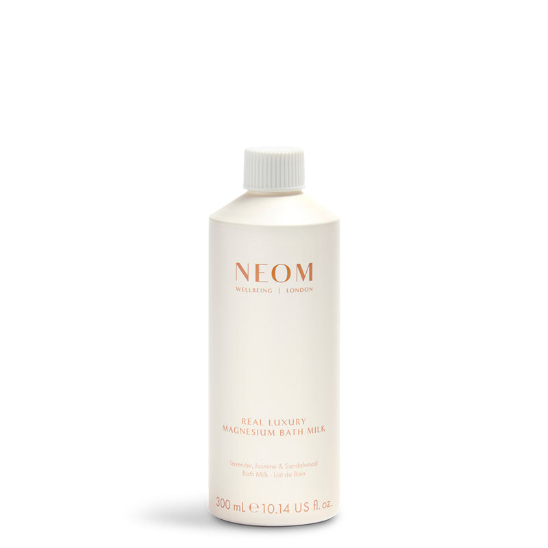 NEOM bottle of Real Luxury Magnesium Bath Milk on a white background