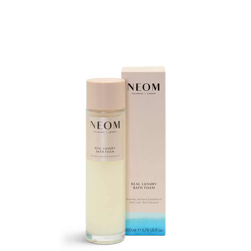 NEOM Real Luxury Bath Foam bottle and packaging on a white background