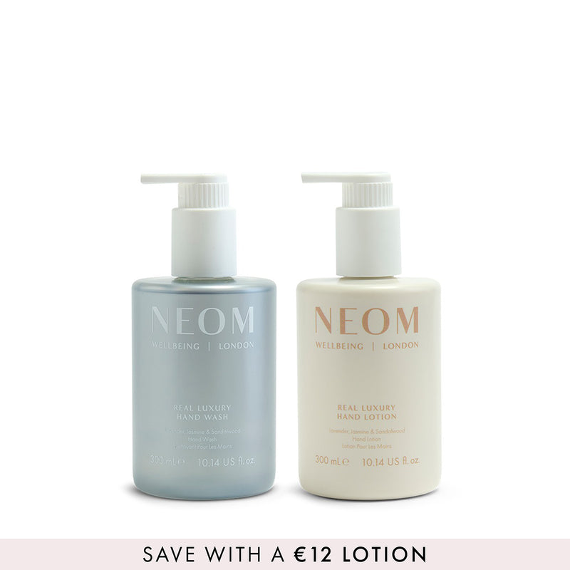 NEOM real luxury hand wash and lotion offer 'save with a €12 lotion'