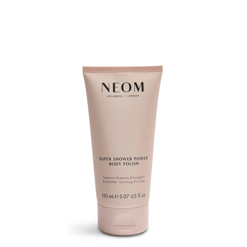 NEOM Super Shower Power Body Polish tube on a white background