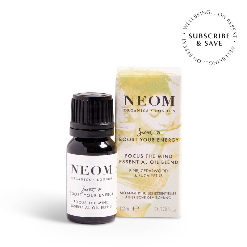 NEOM Focus the Mind essential oil blend on a white background with subscription roundel