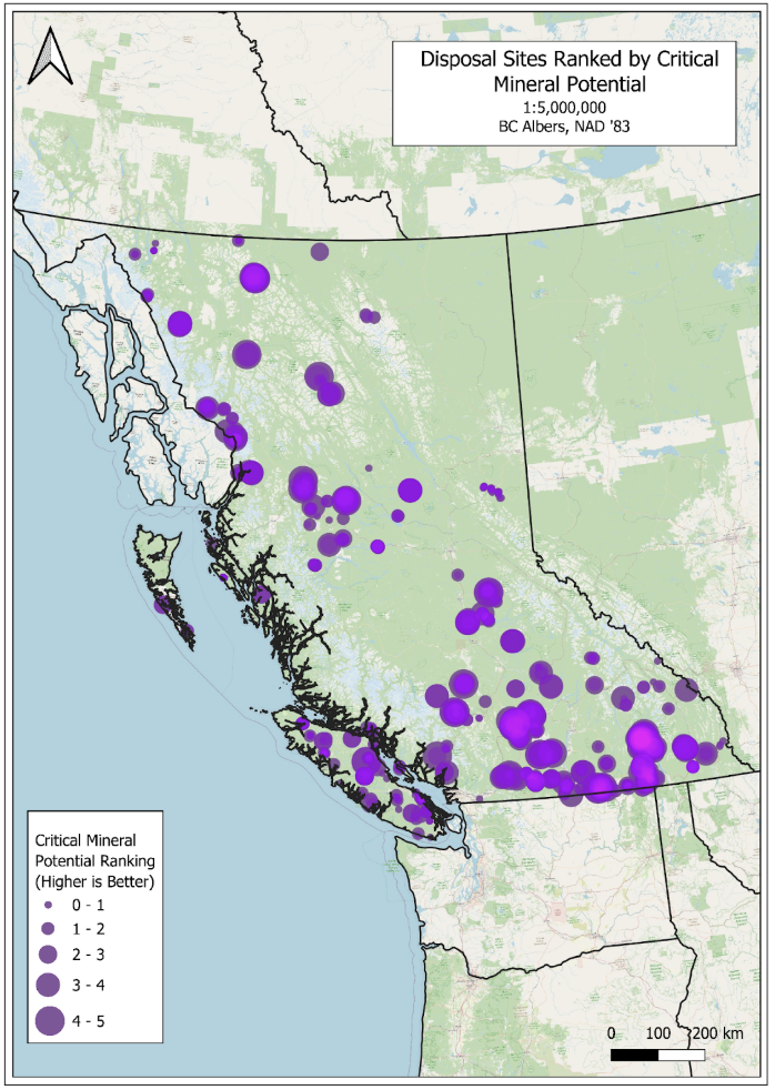 Distribution of critical mineral potential ranking for disposal sites